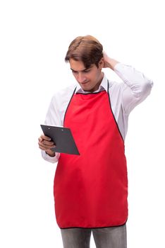 Young waiter isolated on white background