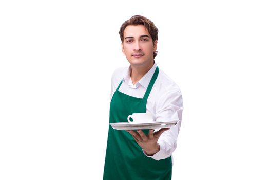 Young waiter isolated on white background