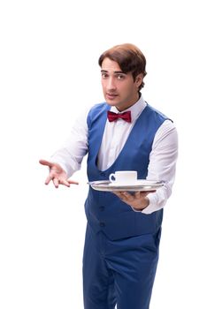 Young waiter isolated on white background