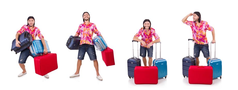 Man travelling with suitcases isolated on white