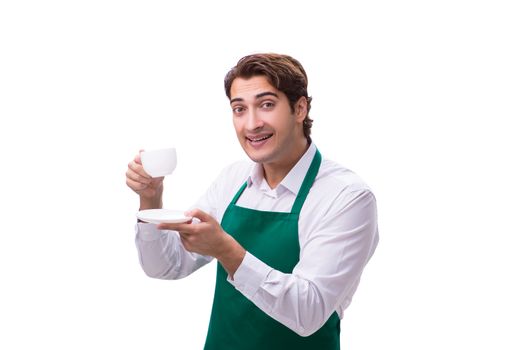 Young barista isolated on white background