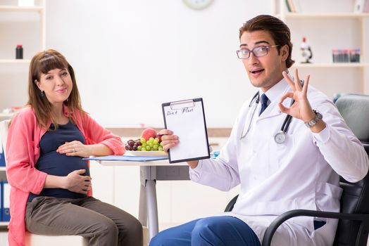 Pregnant woman visiting doctor discussing healthy diet