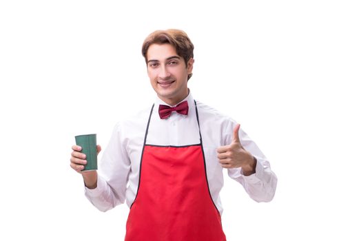 Young barista isolated on white background