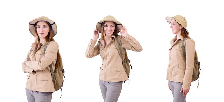 Woman wearing safari hat on white