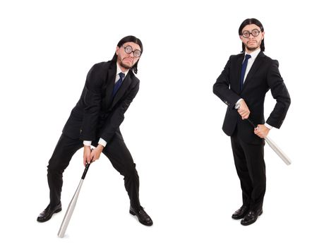 Young elegant man in black suit holding bat isolated on white