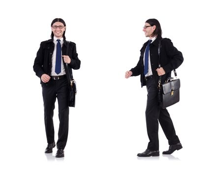 Young businessman holding briefcase isolated on white