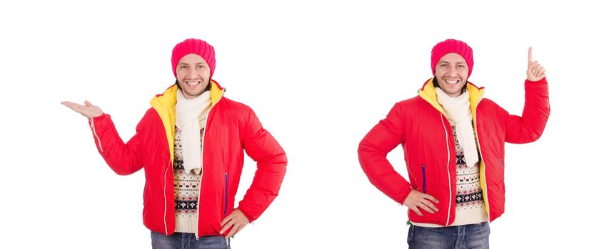 Young man in winter clothes isolated on white