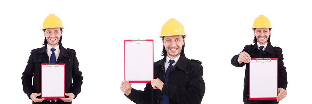 Young construction architect isolated on the white