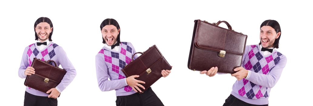 Smiling man with briefcase isolated on white