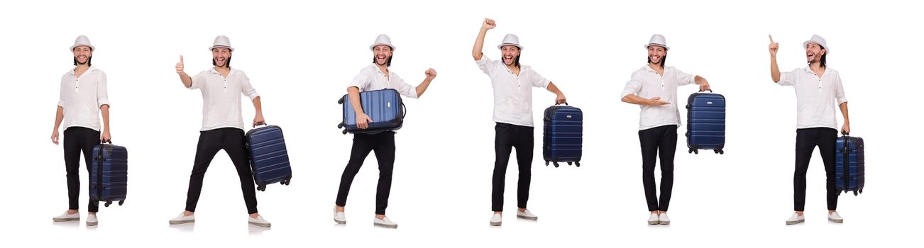 Tourist with suitcase isolated on white