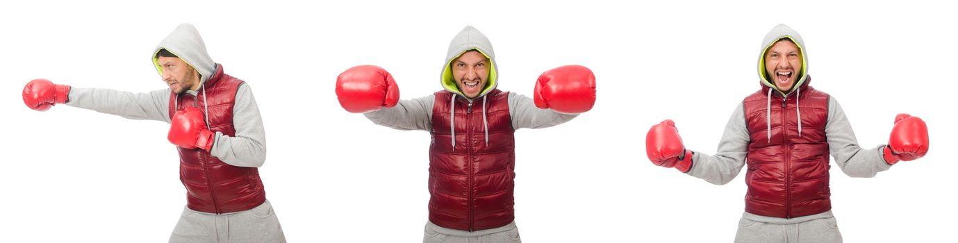 Man wearing boxing gloves isolated on white