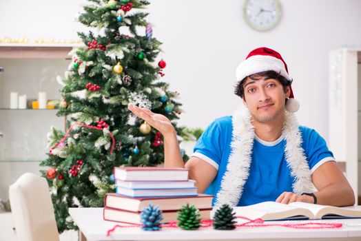 Young student with book at Christmas eve 