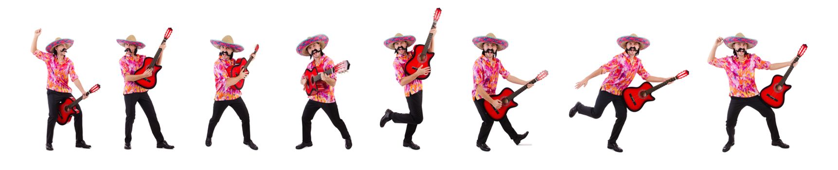 Mexican male brandishing guitar isolated on white