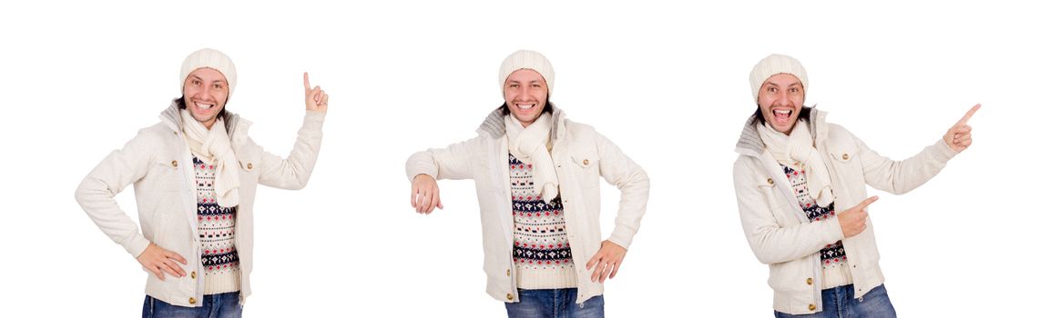 Young man in winter clothes isolated on white