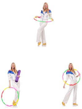 Beautiful woman with hula hoop isolated on white 