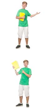 Young student with notes isolated on white 