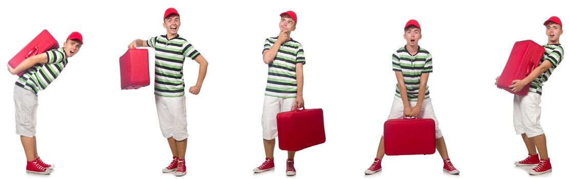 Young man with red suitcase isolated on white 