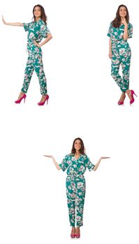 Collage of woman in fashion look isolated on white