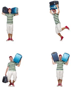 Young man with heavy suitcases isolated on white 