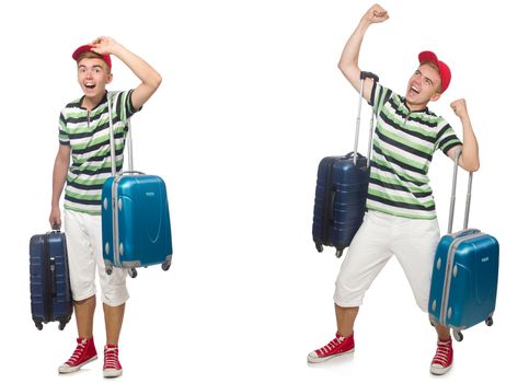Young man with suitcase isolated on white 