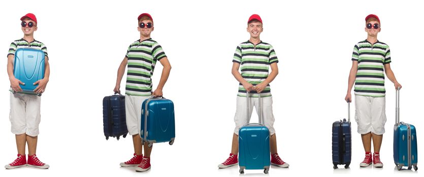 Young man with suitcase isolated on white 