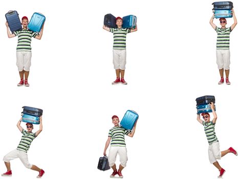 Young man with heavy suitcases isolated on white 