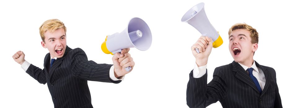 Young man with loudspeaker on white 