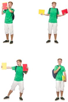 Young student with backpack and notes isolated on white 