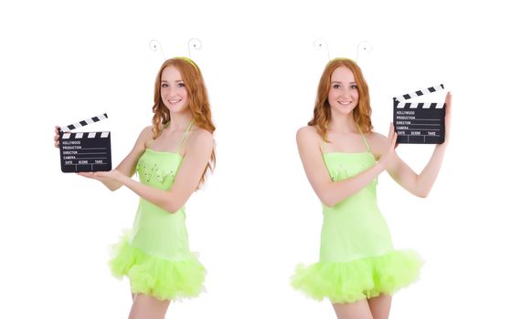 Woman in green dress with movie board