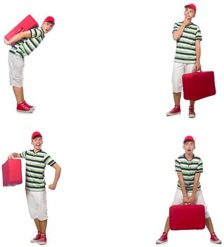 Young man with red suitcase isolated on white 
