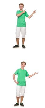 Young boy in green t-shirt isolated on white 