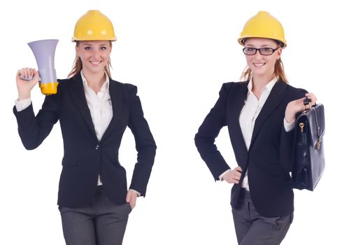 Female builder with megaphone isolated on white 