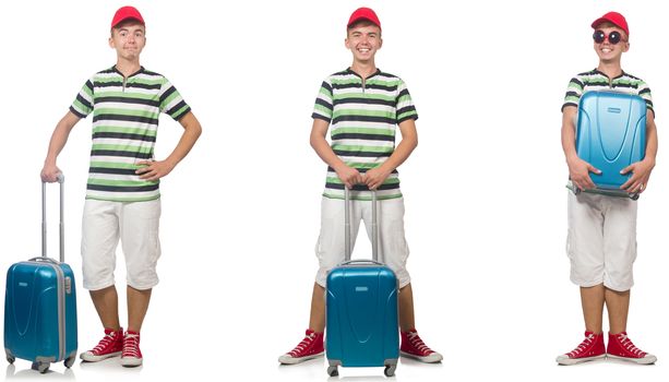 Young man with suitcase isolated on white 