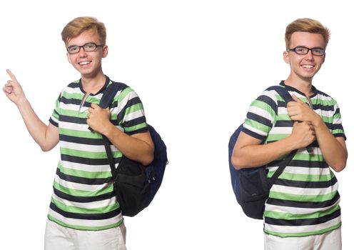 Young student with backpack isolated on white 