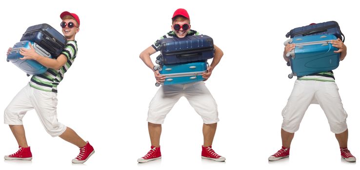 Young man with heavy suitcases isolated on white 