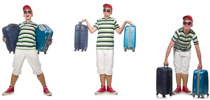Young man with suitcase isolated on white 