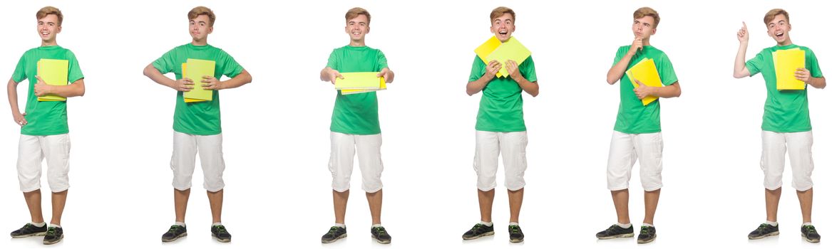 Young student with notes isolated on white 