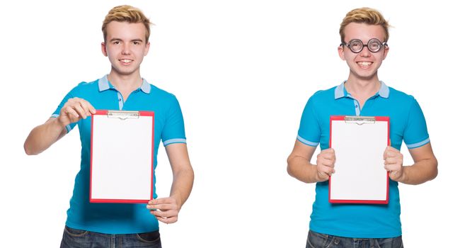 Young man with blank isolated on white 