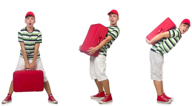 Young man with red suitcase isolated on white 