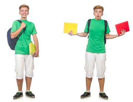 Young student with backpack and notes isolated on white 