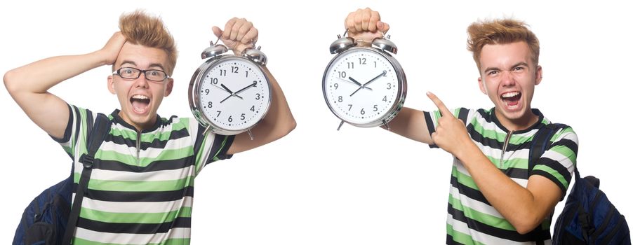 Young student with alarm-clock in time management concept 