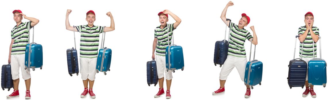 Young man with suitcase isolated on white 