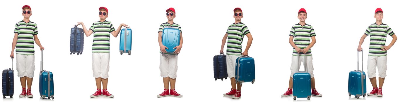 Young man with suitcase isolated on white 