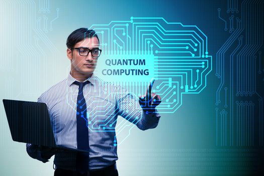 Businessman pressing virtual button in quantum computing concept