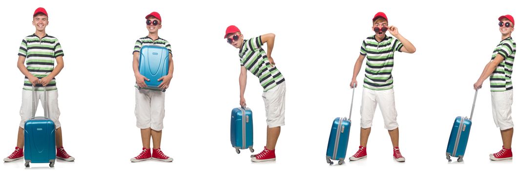 Young man with suitcase isolated on white 