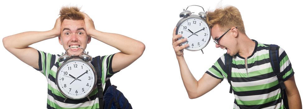 Young student with alarm-clock in time management concept 