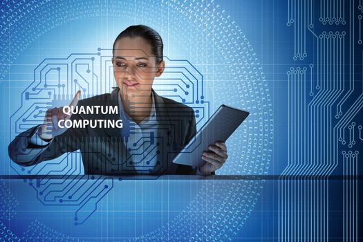 Businesswoman pressing virtual button in quantum computing concept