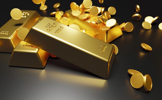 Gold bars and coins on black background 3D Render