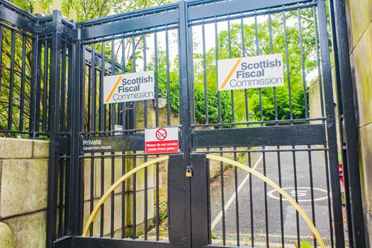 Edinburgh Scotland 5th Aug 2020 The black metal gates leading to the Scottish Fiscal Commision