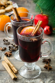 Christmas mulled wine on wooden table